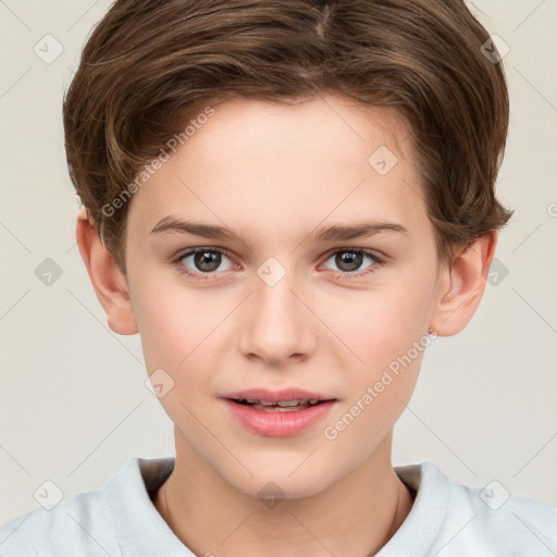 Joyful white child female with short  brown hair and brown eyes