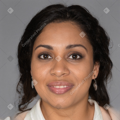 Joyful black young-adult female with medium  brown hair and brown eyes