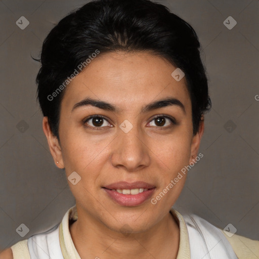 Joyful latino young-adult female with short  brown hair and brown eyes