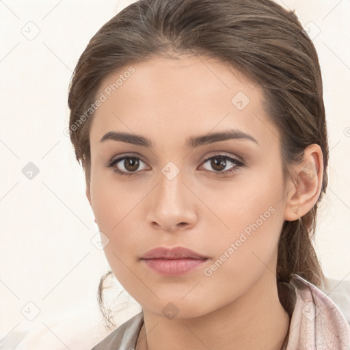 Neutral white young-adult female with medium  brown hair and brown eyes