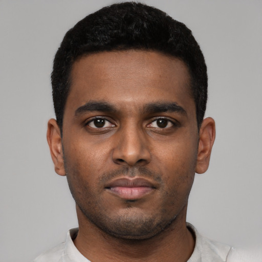 Neutral black young-adult male with short  black hair and brown eyes