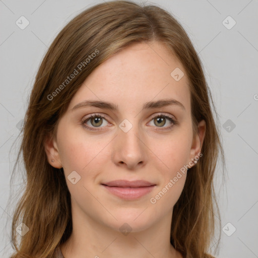 Joyful white young-adult female with long  brown hair and green eyes