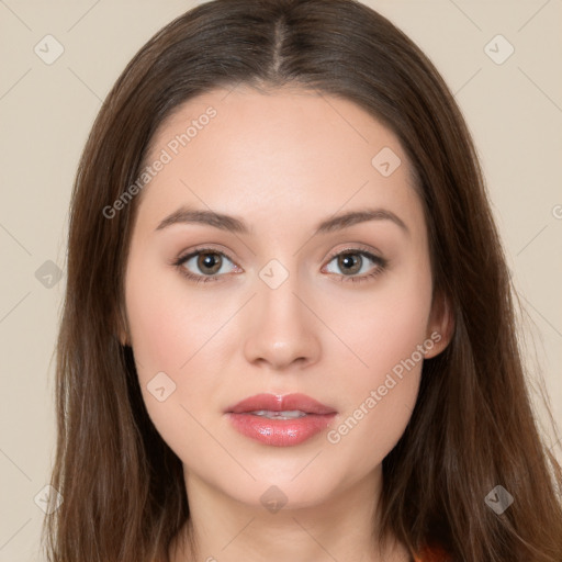 Neutral white young-adult female with long  brown hair and brown eyes