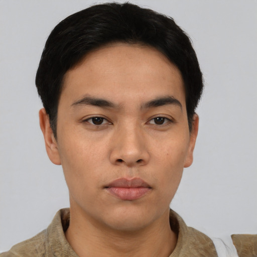 Neutral asian young-adult male with short  black hair and brown eyes