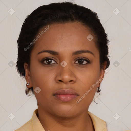 Neutral latino young-adult female with short  brown hair and brown eyes