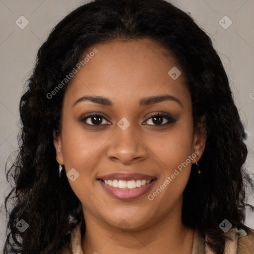 Joyful black young-adult female with long  brown hair and brown eyes