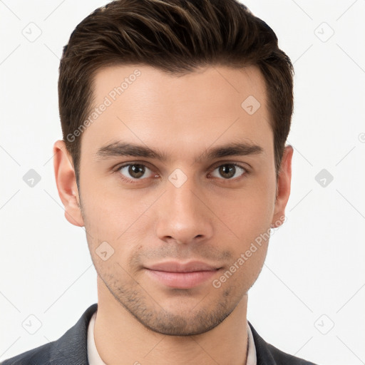 Neutral white young-adult male with short  brown hair and brown eyes