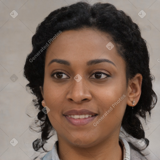 Joyful black young-adult female with medium  black hair and brown eyes