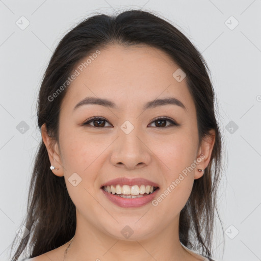 Joyful white young-adult female with medium  brown hair and brown eyes