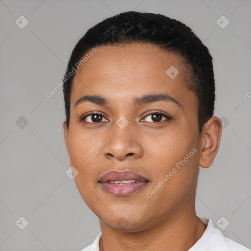 Joyful latino young-adult female with short  black hair and brown eyes
