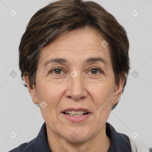 Joyful white adult female with short  brown hair and brown eyes