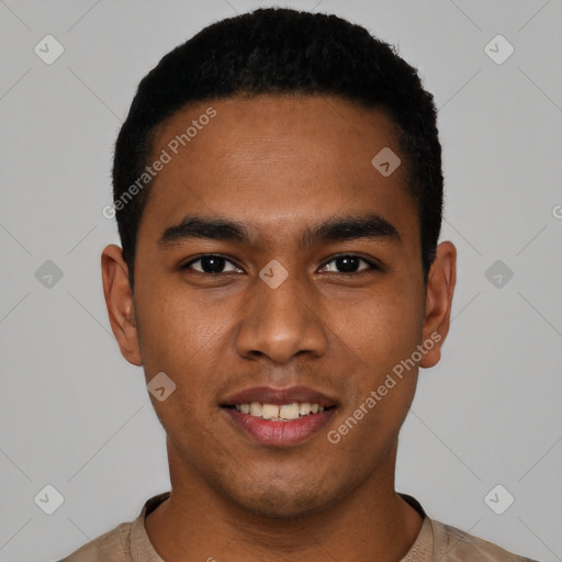 Joyful latino young-adult male with short  black hair and brown eyes