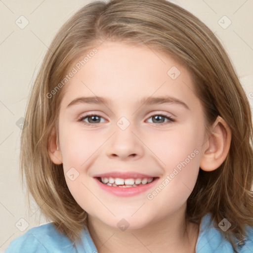 Joyful white child female with medium  brown hair and brown eyes