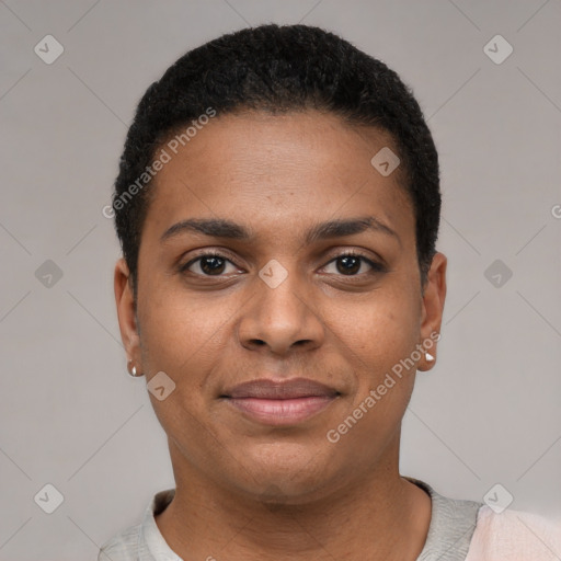 Joyful black young-adult female with short  brown hair and brown eyes