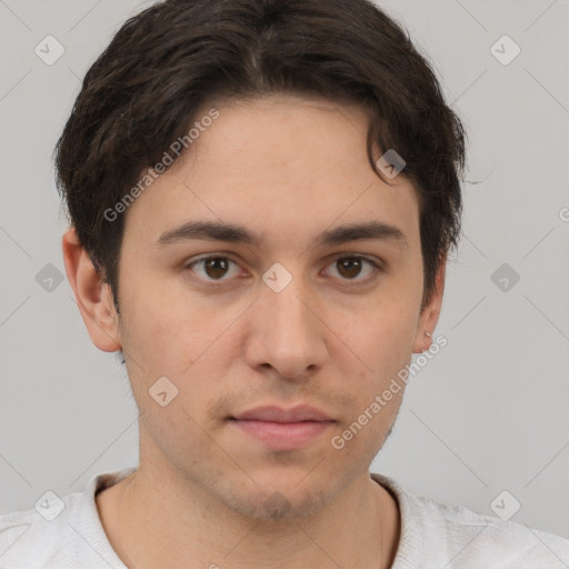 Neutral white young-adult male with short  brown hair and brown eyes