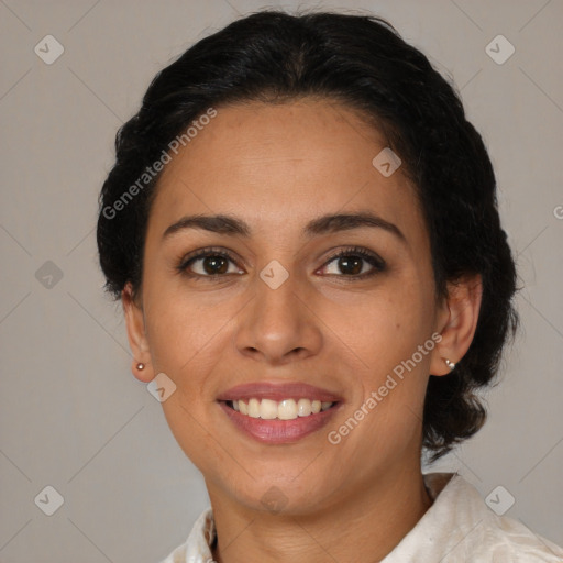 Joyful latino young-adult female with medium  brown hair and brown eyes