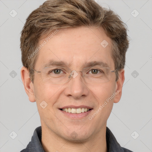 Joyful white adult male with short  brown hair and grey eyes