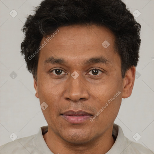 Joyful latino adult male with short  brown hair and brown eyes