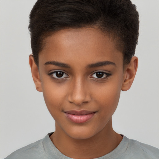 Joyful black child female with short  brown hair and brown eyes