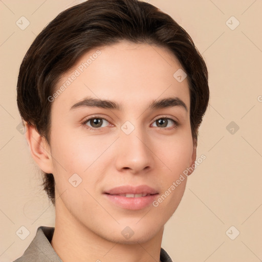 Joyful white young-adult female with short  brown hair and brown eyes