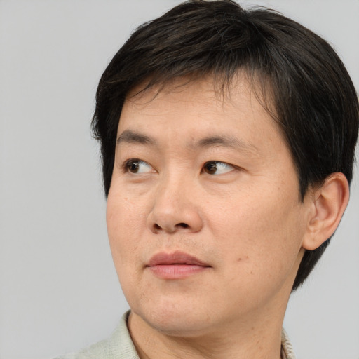 Joyful asian adult male with short  brown hair and brown eyes