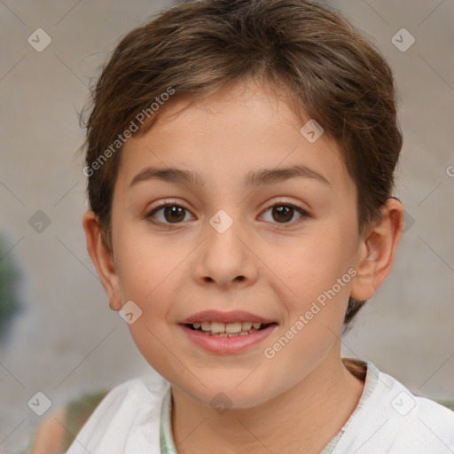 Joyful white child female with short  brown hair and brown eyes