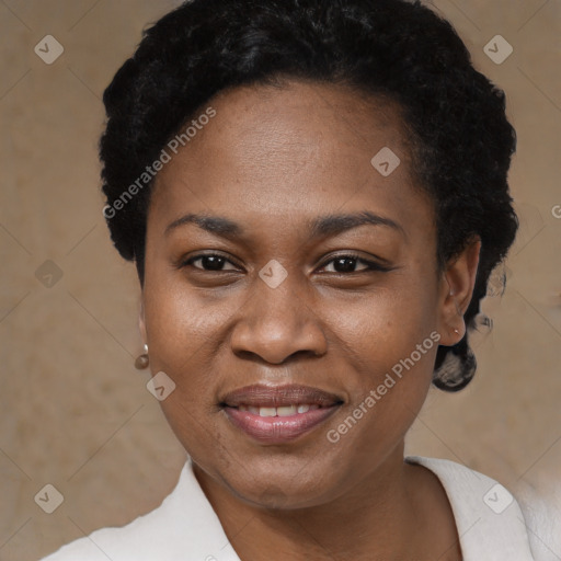 Joyful black adult female with short  black hair and brown eyes