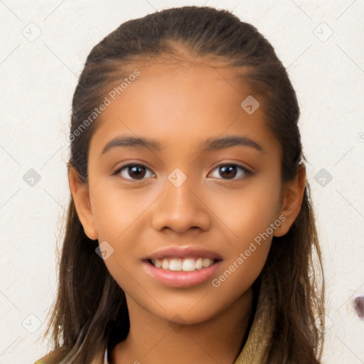 Joyful latino young-adult female with long  brown hair and brown eyes