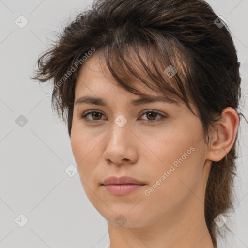 Neutral white young-adult female with medium  brown hair and brown eyes