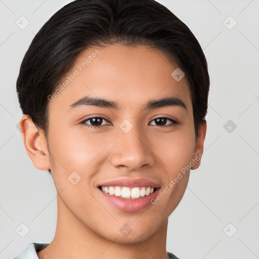 Joyful white young-adult female with short  brown hair and brown eyes