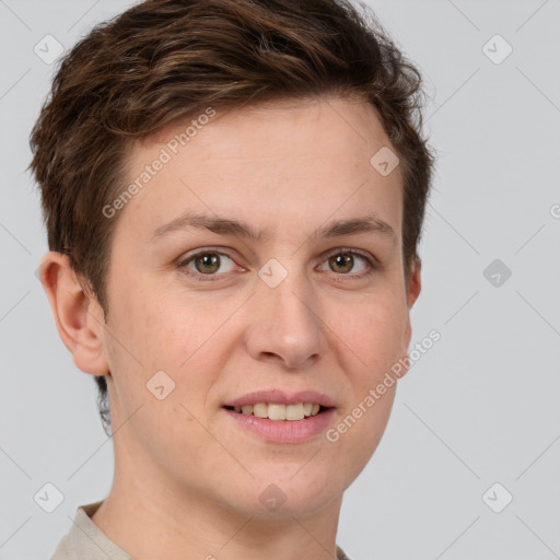 Joyful white young-adult female with short  brown hair and grey eyes