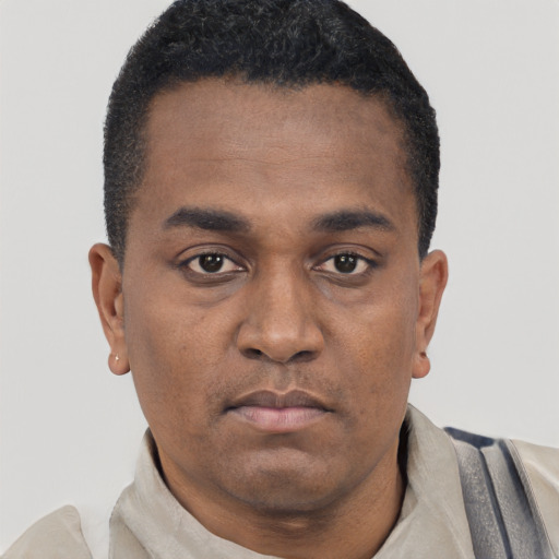 Neutral black young-adult male with short  black hair and brown eyes
