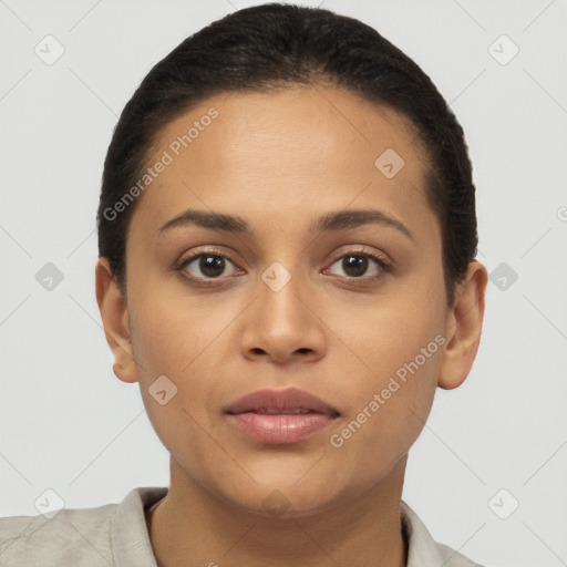 Neutral white young-adult female with short  brown hair and brown eyes