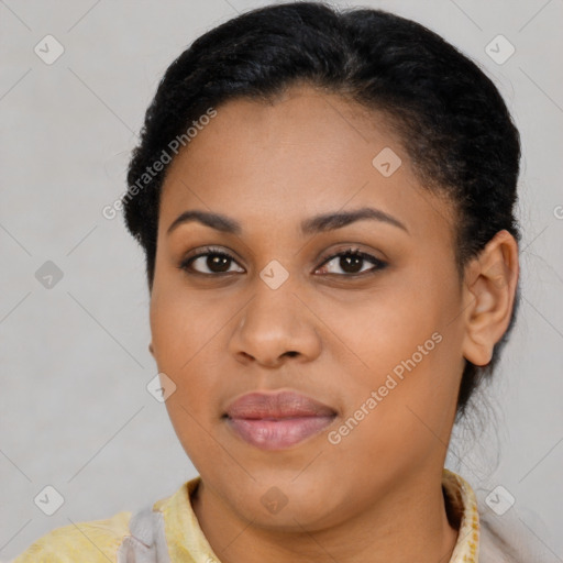 Joyful latino young-adult female with short  black hair and brown eyes