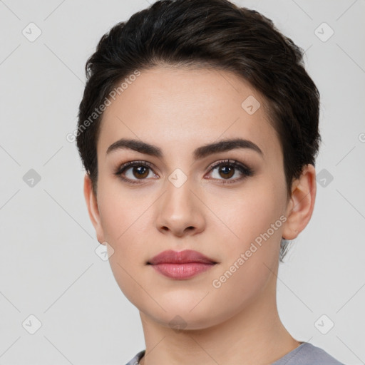 Neutral white young-adult female with short  black hair and brown eyes