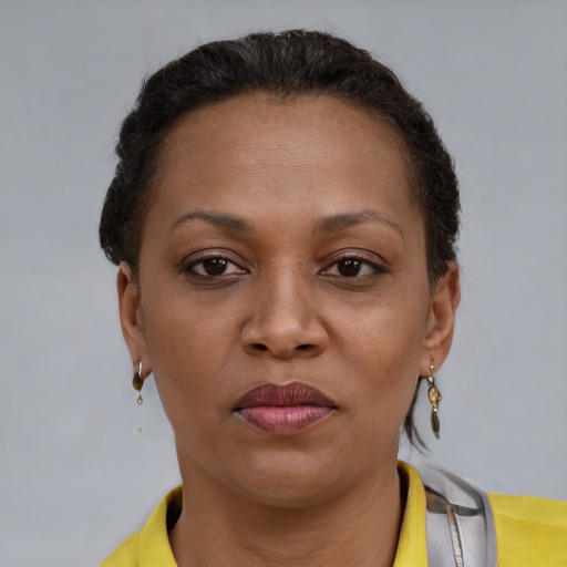 Joyful black adult female with short  brown hair and brown eyes