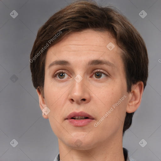 Neutral white adult female with short  brown hair and brown eyes