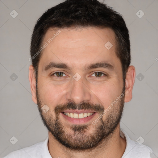 Joyful white young-adult male with short  brown hair and brown eyes