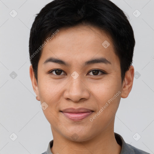 Joyful asian young-adult female with short  brown hair and brown eyes