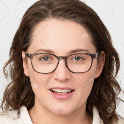 Joyful white young-adult female with medium  brown hair and blue eyes