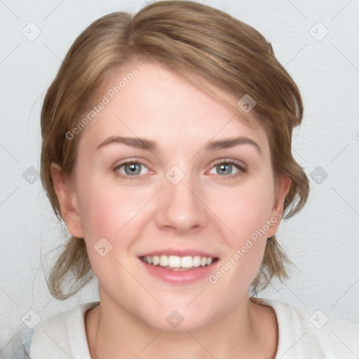 Joyful white young-adult female with medium  brown hair and blue eyes