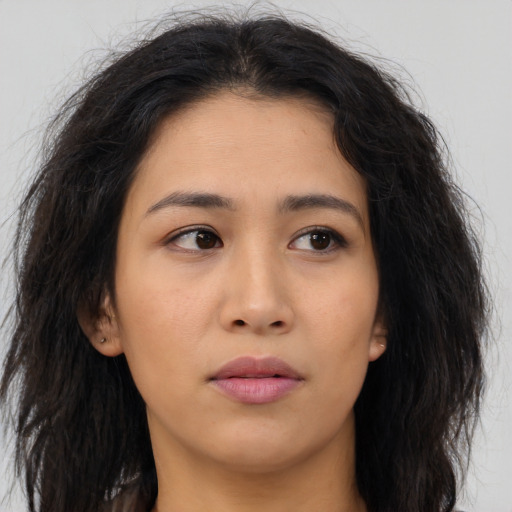 Neutral asian young-adult female with long  brown hair and brown eyes