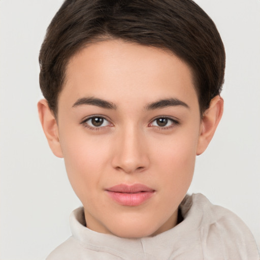 Neutral white young-adult female with short  brown hair and brown eyes