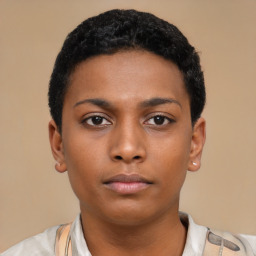 Neutral black young-adult female with short  black hair and brown eyes