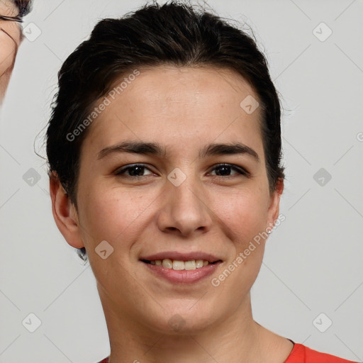 Joyful white young-adult female with short  brown hair and brown eyes