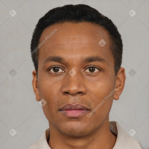 Neutral latino adult male with short  black hair and brown eyes