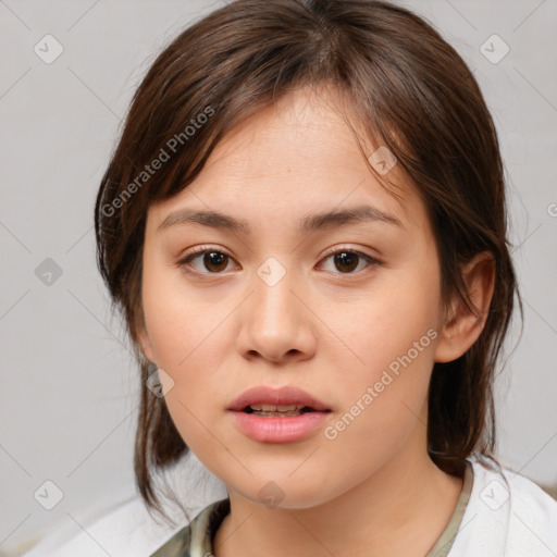 Neutral white young-adult female with medium  brown hair and brown eyes