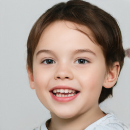 Joyful white child female with short  brown hair and brown eyes