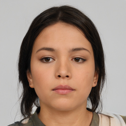 Neutral asian young-adult female with medium  brown hair and brown eyes