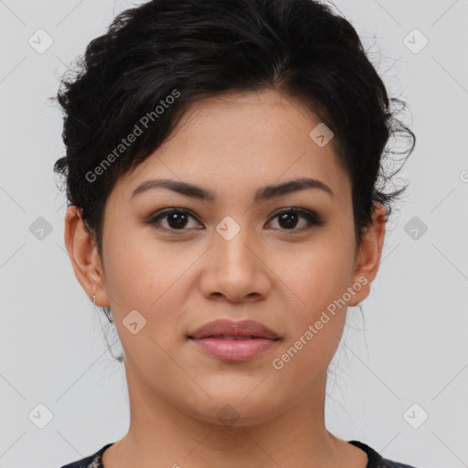 Joyful latino young-adult female with short  brown hair and brown eyes